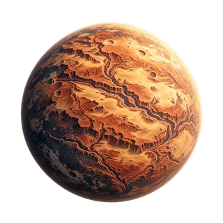 A copper-colored world cut by deep canyons, from Orbit Imperium